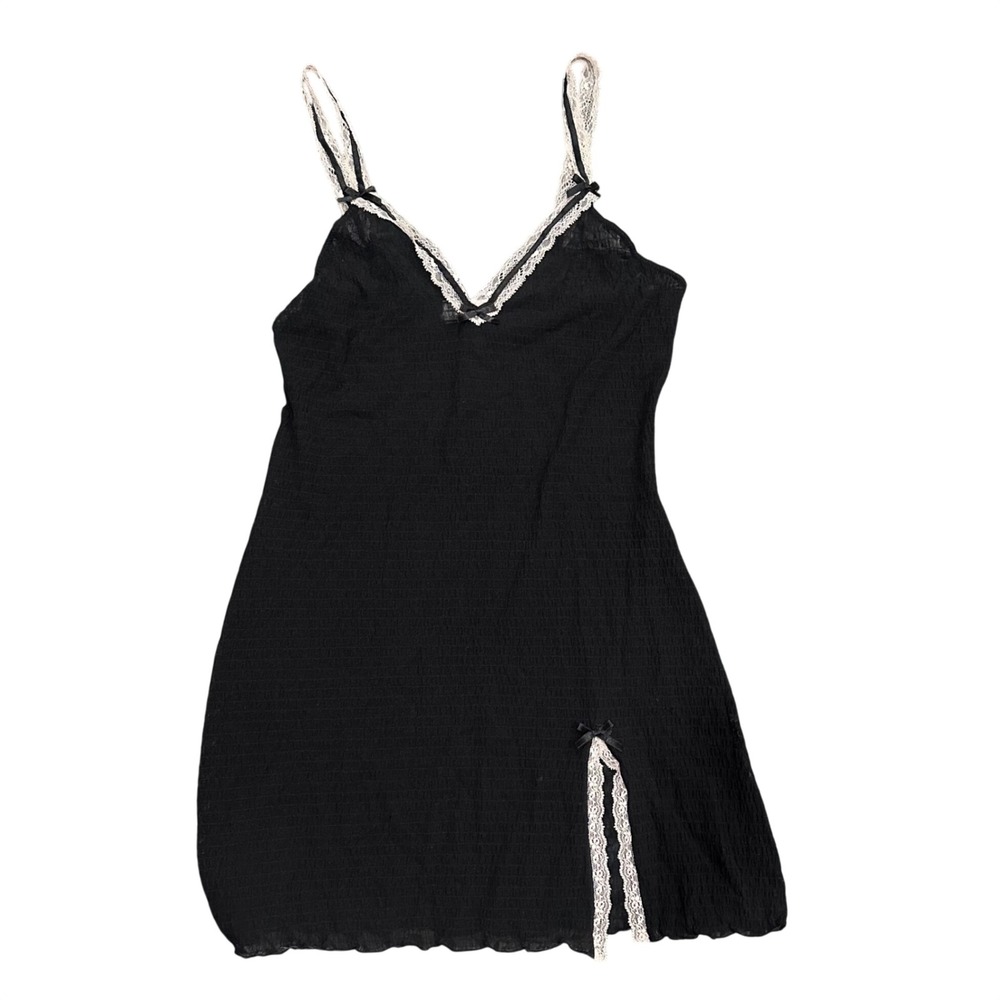 Intimissimi Black Lace Trim Slip Dress Nightgown Small V-Neck Bow Detail